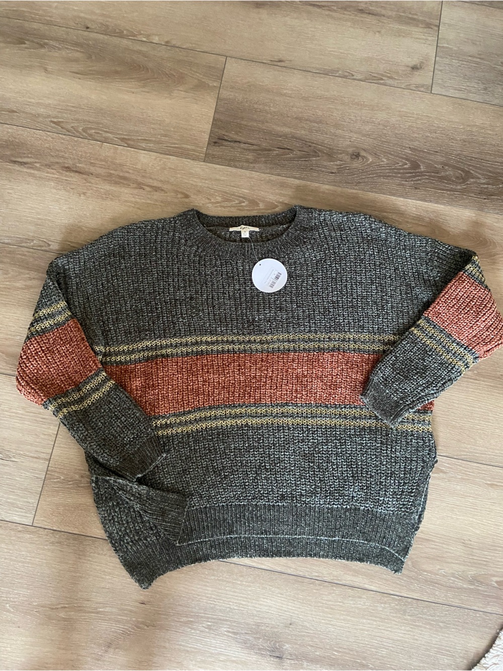 Cozy Crewneck Striped Pullover Sweater - Olive with Rust Stripe
